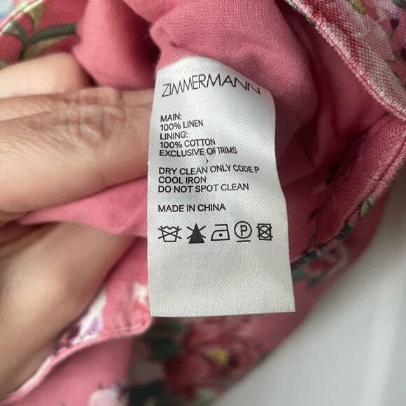 Zimmermann Bellitude Bow Front Pink Floral Linen Mini Dress Size 3/US 10 - Picture 9 of 11
